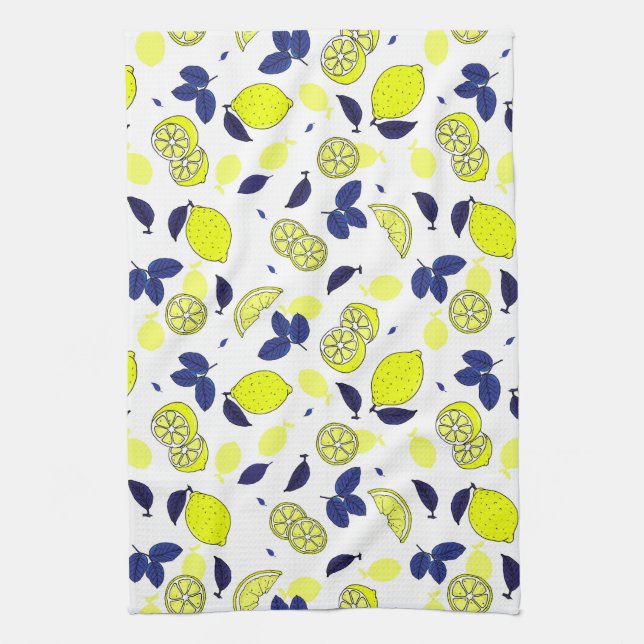 Yellow Lemon Print and Blue Leaves Food Pattern Tea Towel (Vertical)