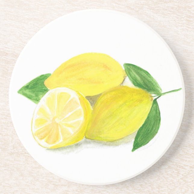 Yellow Lemon print art fruit watercolour Coaster (Front)