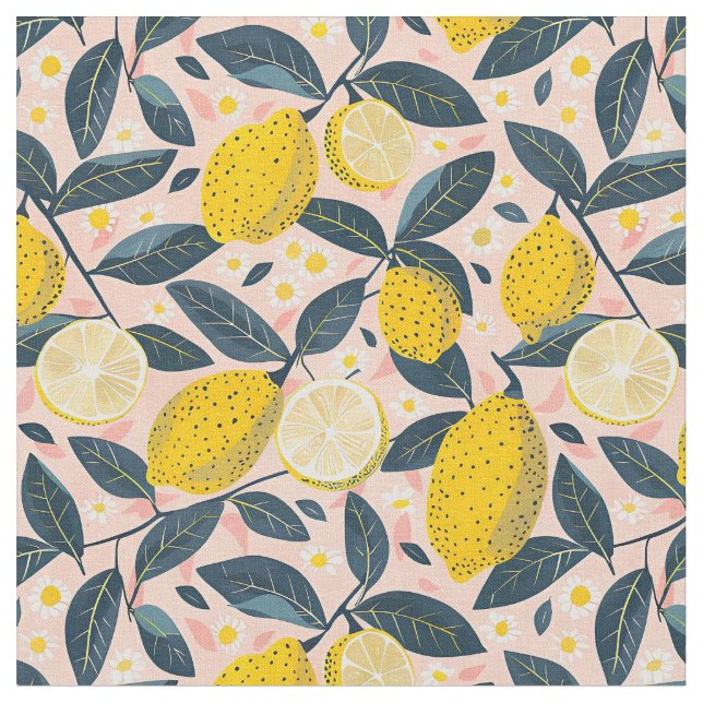 Yellow Lemon Print Fabric Cotton Fabric (Close Up)