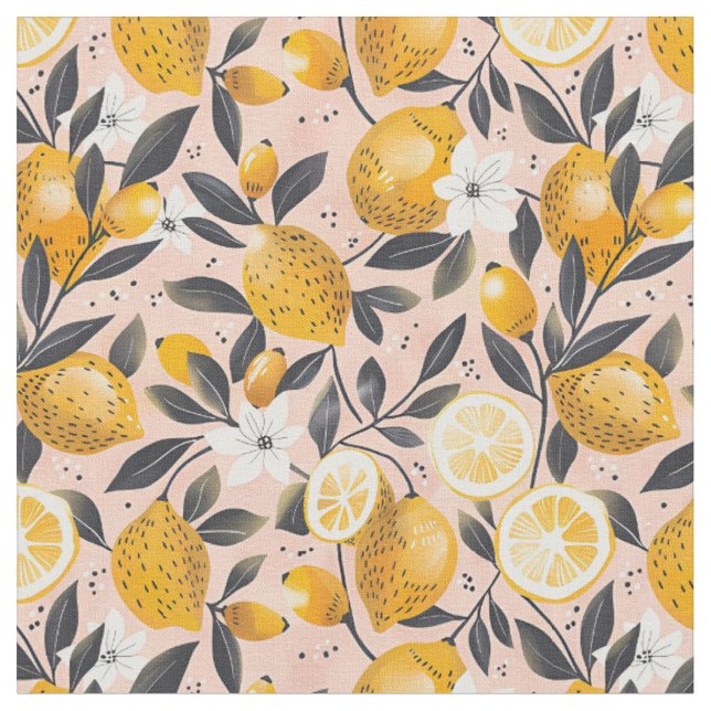 Yellow Lemon Print Fabric Cotton Fabric (Close Up)