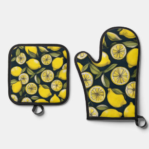Yellow Lemon Print Oven Mitt & Pot Holder Set