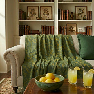 Yellow Lemon Sketch on Dark Green  Fleece Blanket