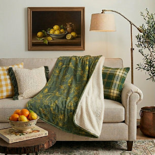 Yellow Lemon Sketch on Dark Green  Sherpa Blanket