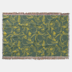 Yellow Lemon Sketch on Dark Green  Throw Blanket
