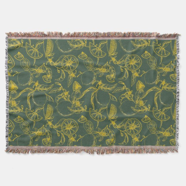 Yellow Lemon Sketch on Dark Green  Throw Blanket (Front)