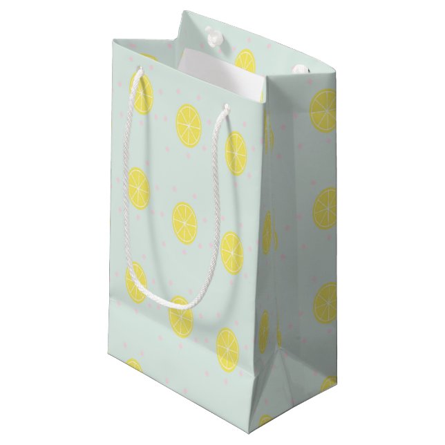 Yellow lemon slices on blue small gift bag (Front Angled)