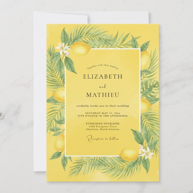 Yellow Lemon Tropical Eucalyptus Wedding Invitation (Front)