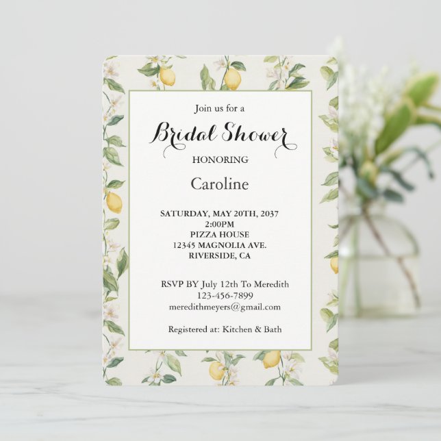 Yellow Lemon Vines Bridal Shower Invitation (Standing Front)