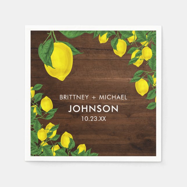 Yellow Lemon Watercolor Couple Wedding Rustic Wood Napkin (Front)