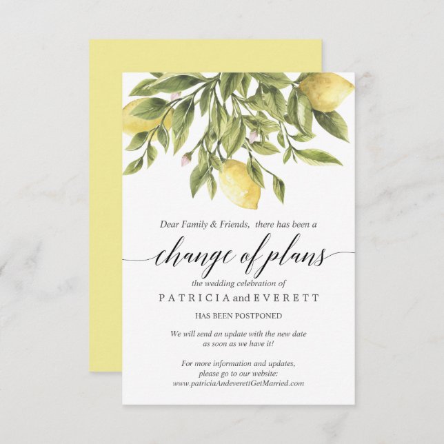 Yellow Lemons and Foliage Wedding Change of Plans Invitation (Front/Back)