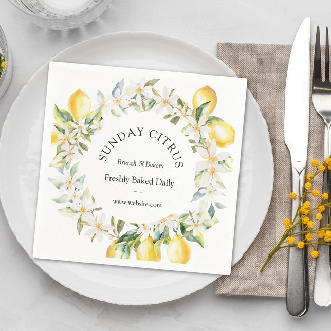 Yellow Lemons and White Flowers Floral Wreath Napkin (In situ)