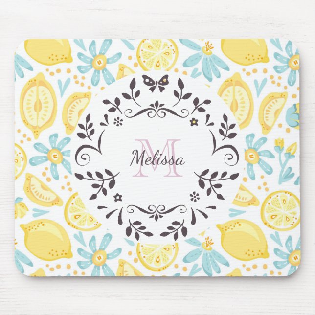 Yellow Lemons & Blue Flowers Monogram & Name Mouse Pad (Front)