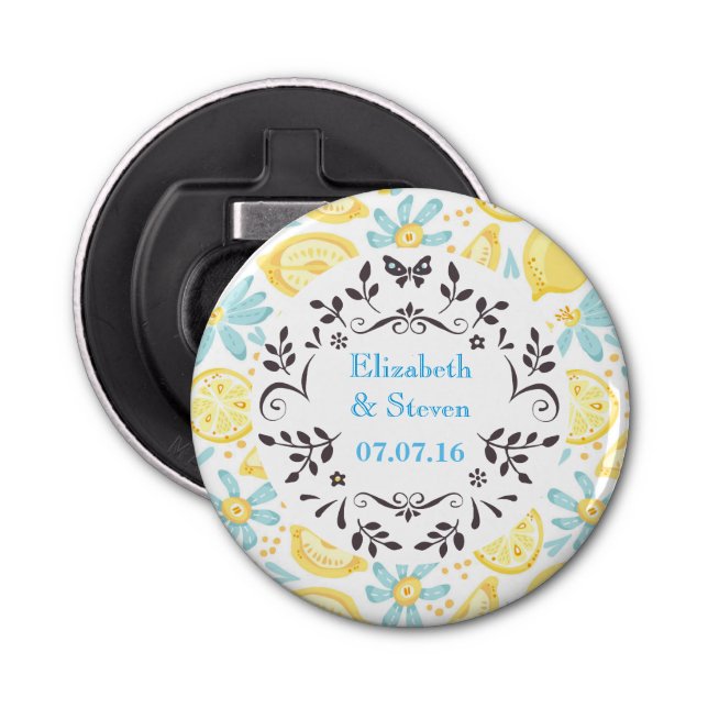 Yellow Lemons & Blue Flowers Wedding Date Bottle Opener (Front)