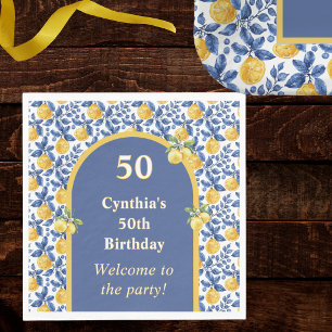 Yellow Lemons Blue Mediterranean Amalfi Birthday Napkin