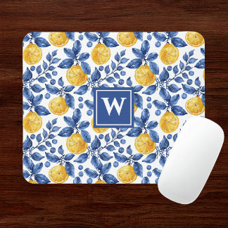 Yellow Lemons Blue Mediterranean Amalfi Initial Mouse Pad