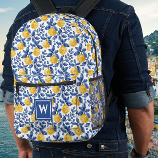 Yellow Lemons Blue Mediterranean Amalfi Initial Printed Backpack