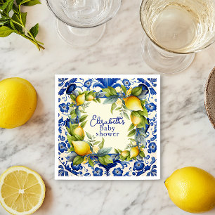 Yellow Lemons Blue Tile Lemon Baby Shower Napkin