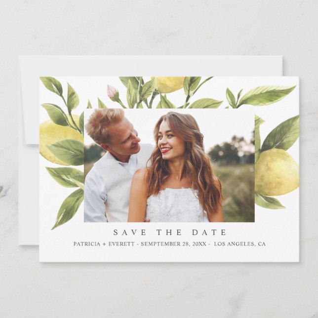Yellow Lemons Boho Wedding Photo save the date Announcement (Front)