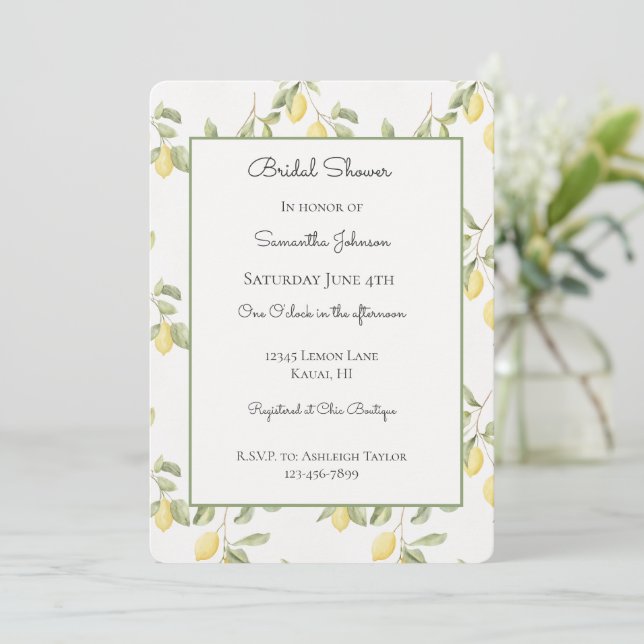 Yellow Lemons Fruit Bridal Shower Invitation (Standing Front)