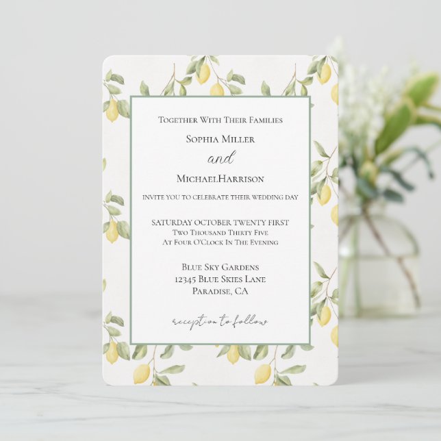 Yellow Lemons Fruit Wedding Invitation (Standing Front)