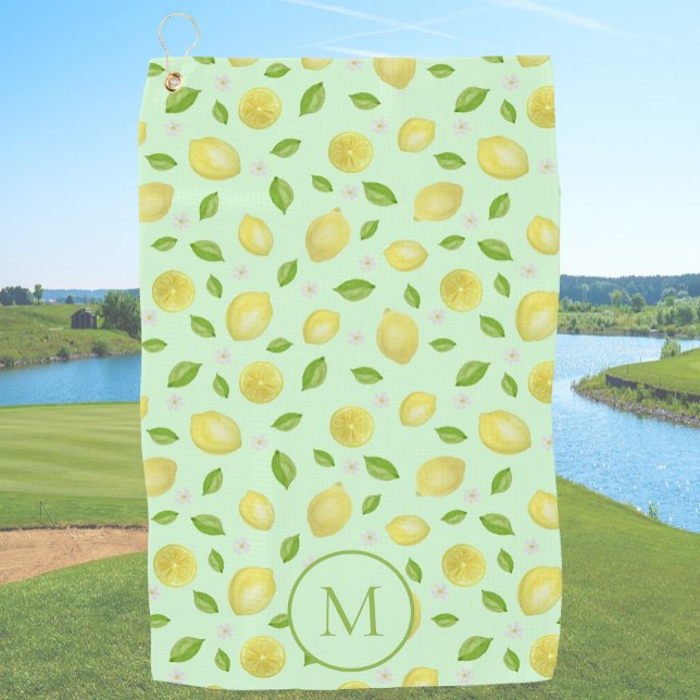 Yellow Lemons Green Custom Monogrammed Golf Towel (Creator Uploaded)