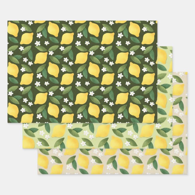 Yellow Lemons, Green Leaves and White Flowers Wrap Wrapping Paper Sheet (Set)