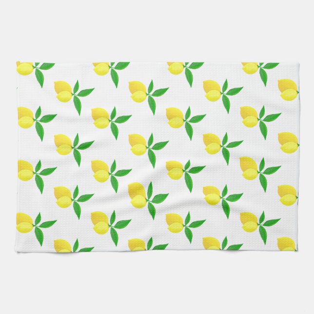 Yellow Lemons Green Leaves White Background Tea Towel (Horizontal)