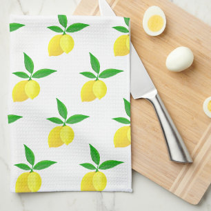 Yellow Lemons Green Leaves White Background Tea Towel