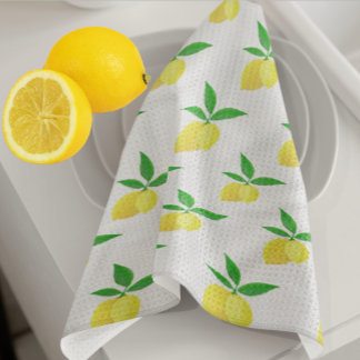 Yellow Lemons Green Leaves White Background Tea Towel
