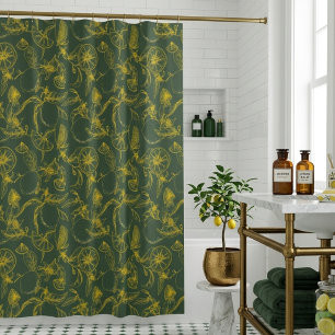 Yellow Lemons Hand Drawn Pattern on Green  Shower Curtain