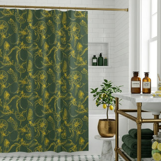 Yellow Lemons Hand Drawn Pattern on Green  Shower Curtain