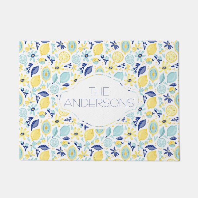 Yellow Lemons Mint Green and Blue Personalised Doormat (Front)