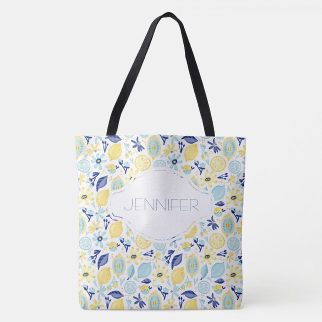 Yellow Lemons Mint Green and Blue Personalised Tote Bag (Front)