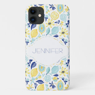 Yellow Lemons Mint Green and Blue Personalized Case-Mate iPhone Case