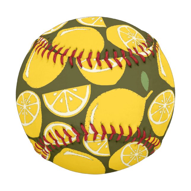 Yellow Lemons & Olive Green Pattern: Modern Citrus Baseball (Front)
