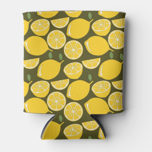 Yellow Lemons & Olive Green Pattern: Modern Citrus Can Cooler (Front)