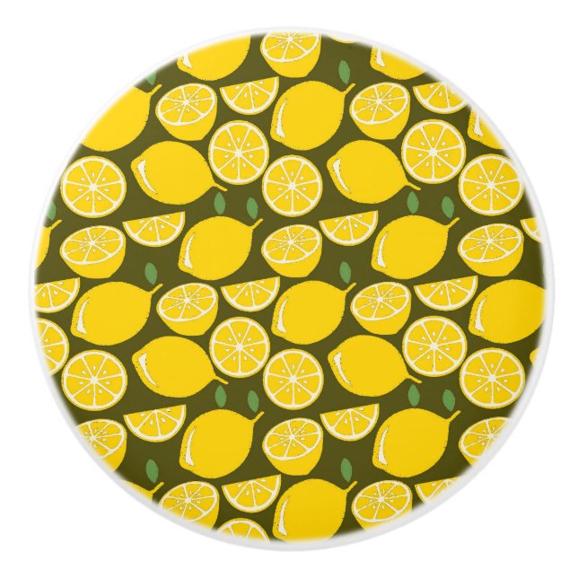 Yellow Lemons & Olive Green Pattern: Modern Citrus Ceramic Knob (Front)