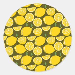 Yellow Lemons & Olive Green Pattern: Modern Citrus Classic Round Sticker