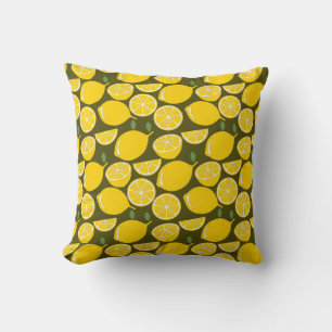 Yellow Lemons & Olive Green Pattern: Modern Citrus Cushion