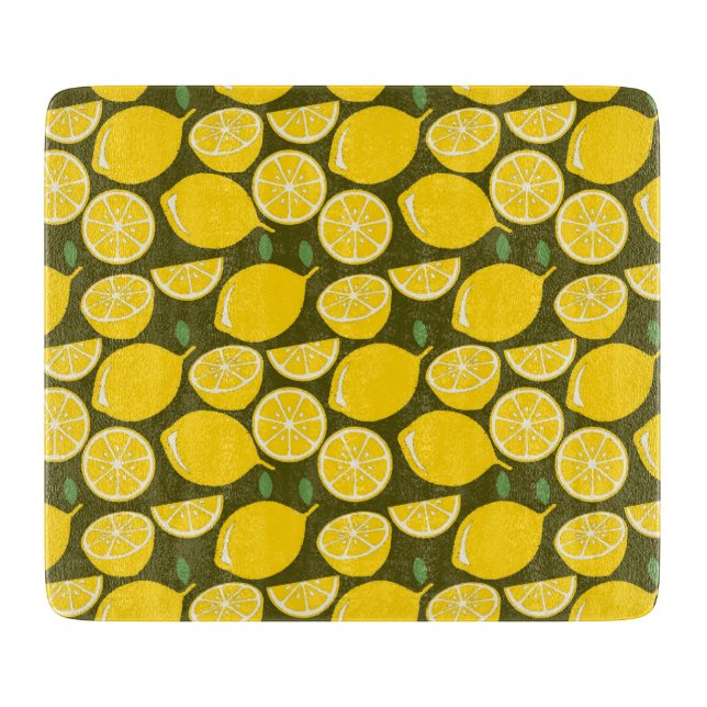 Yellow Lemons & Olive Green Pattern: Modern Citrus Cutting Board (Front)