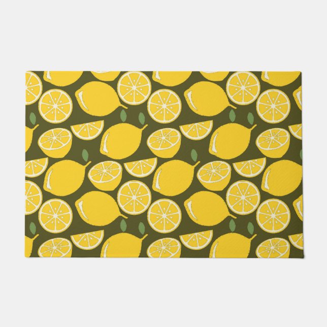 Yellow Lemons & Olive Green Pattern: Modern Citrus Doormat (Front)