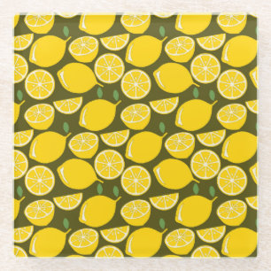 Yellow Lemons & Olive Green Pattern: Modern Citrus Glass Coaster