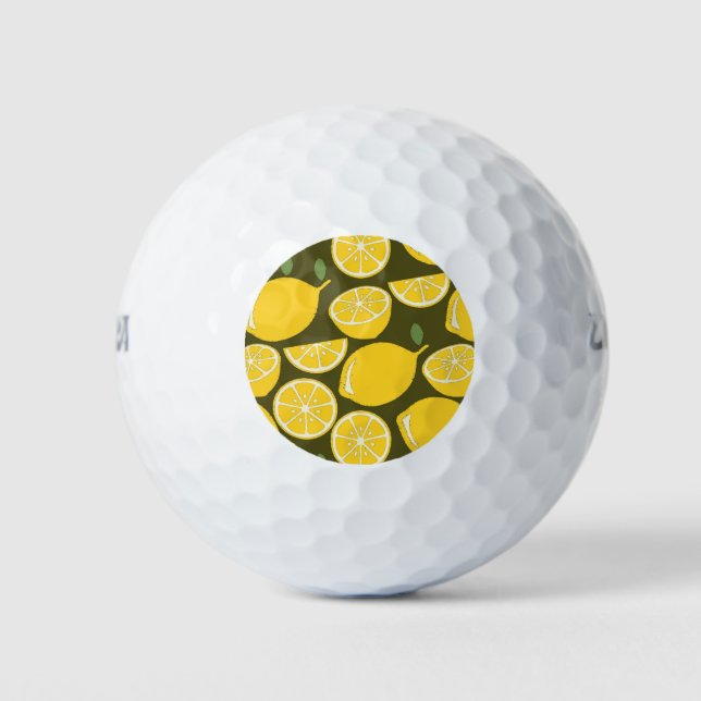 Yellow Lemons & Olive Green Pattern: Modern Citrus Golf Balls (Front)