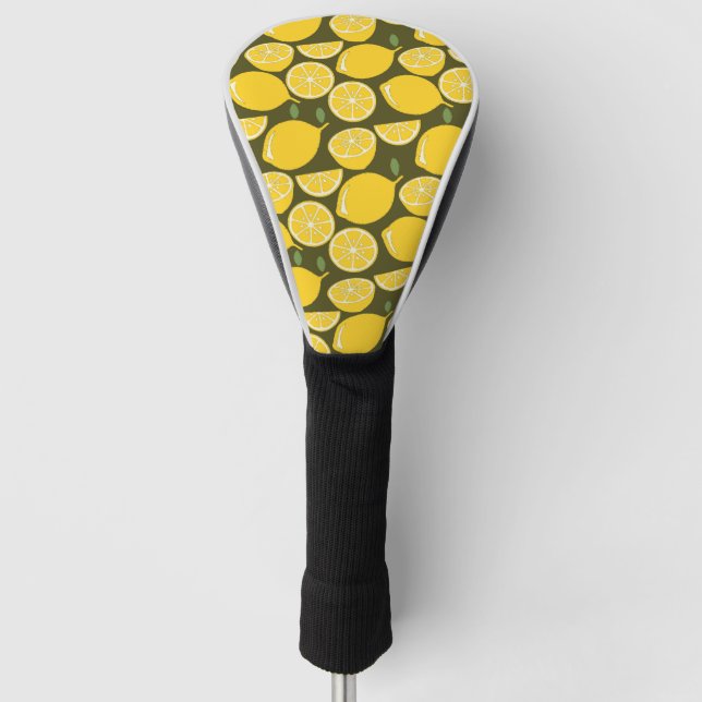 Yellow Lemons & Olive Green Pattern: Modern Citrus Golf Head Cover (Front)