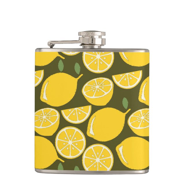 Yellow Lemons & Olive Green Pattern: Modern Citrus Hip Flask (Front)