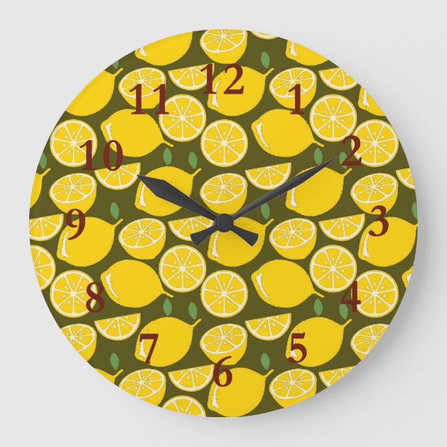 Yellow Lemons & Olive Green Pattern: Modern Citrus Large Clock (Front)