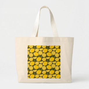 Yellow Lemons & Olive Green Pattern: Modern Citrus Large Tote Bag