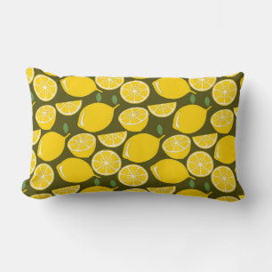 Yellow Lemons & Olive Green Pattern: Modern Citrus Lumbar Cushion