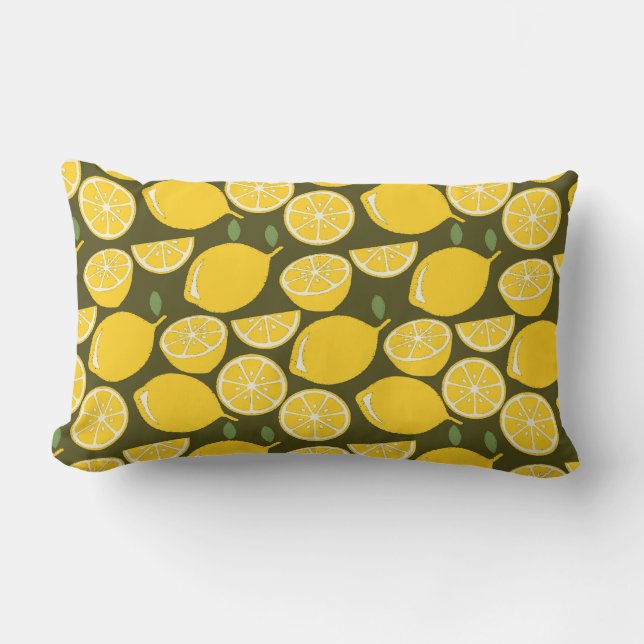 Yellow Lemons & Olive Green Pattern: Modern Citrus Lumbar Cushion (Front)