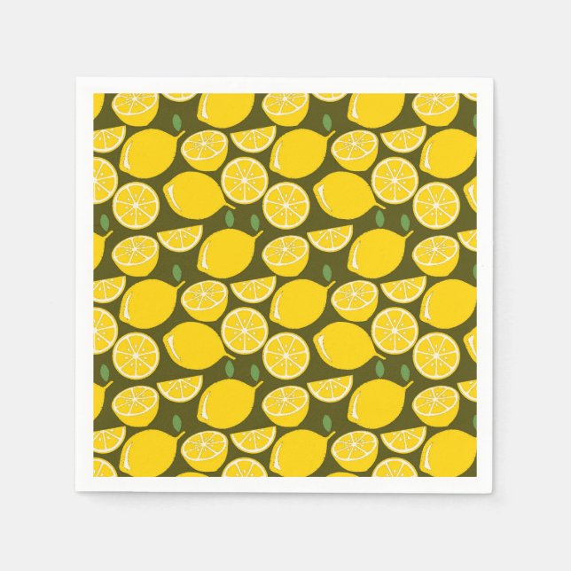 Yellow Lemons & Olive Green Pattern: Modern Citrus Napkin (Front)